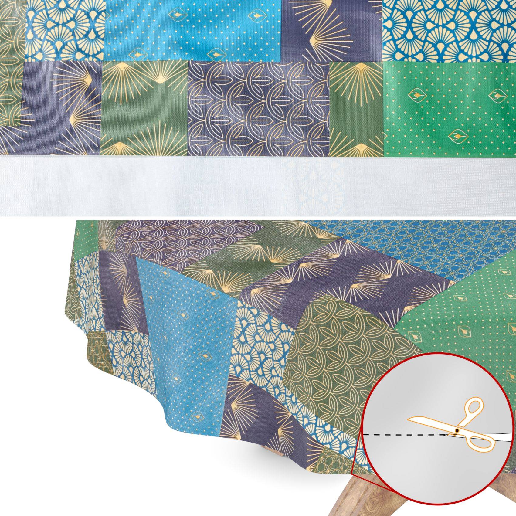 Patchwork-Tischdecke mit geometrischen Stoffpanelen; die Vergrößerung zeigt eine Schere, die entlang einer gestrichelten Linie am Rand schneidet zum Zuschneiden.