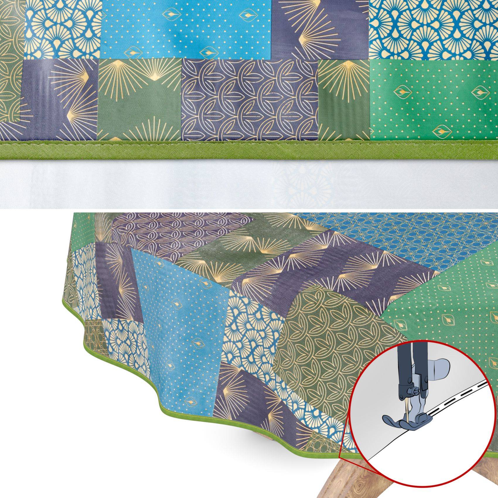 Gemusterter Quiltingstoff, der über einen Tisch drapiert ist, mit einer Einschubfoto, die eine Nähmaschine mit einem Quiltingfuß entlang der Kante zeigt.