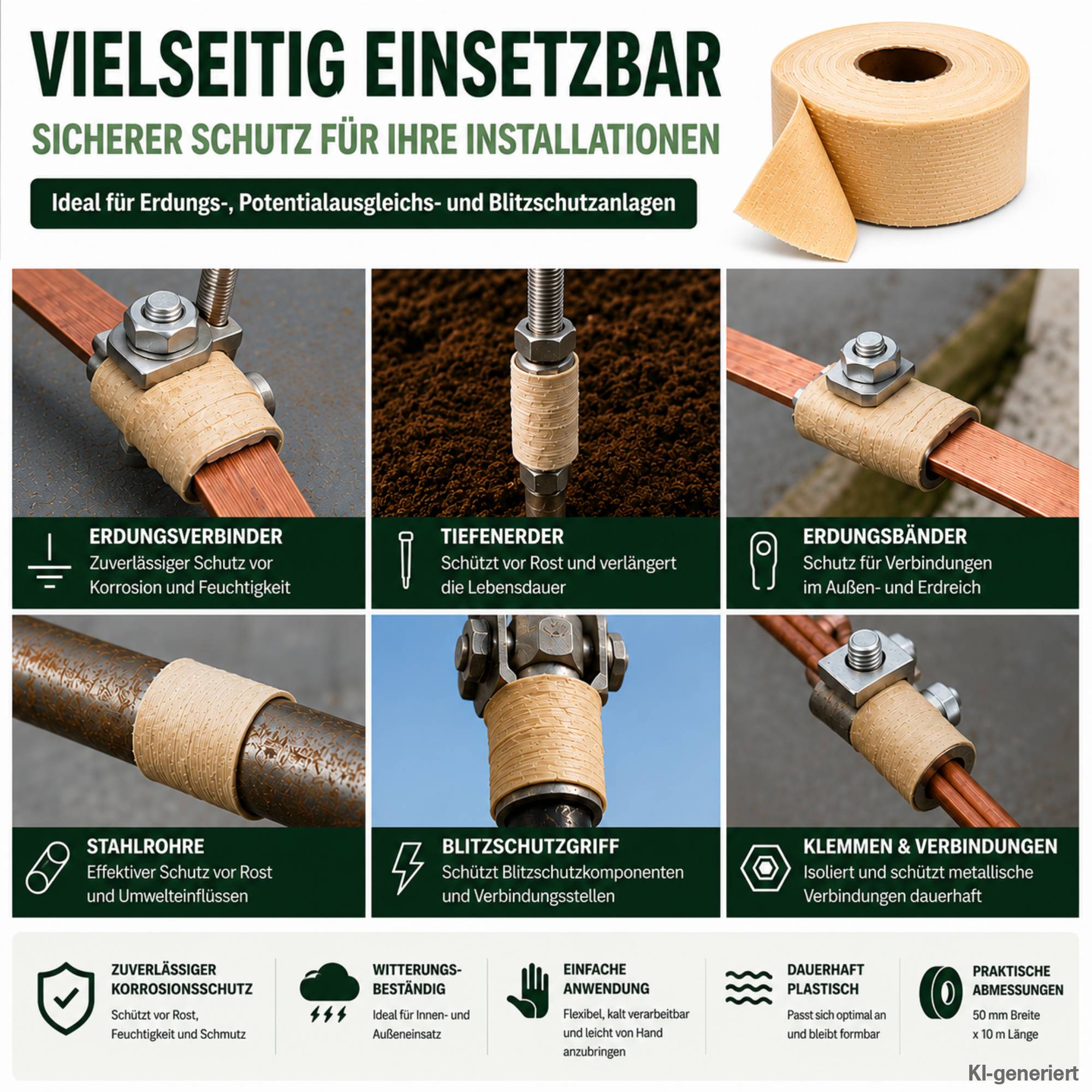 Offgridtec Korrosionsschutzbinde 50 mm x 10 m – Isolierband für Erdungsverbinder, Tiefenerder &amp; Blitzschutz