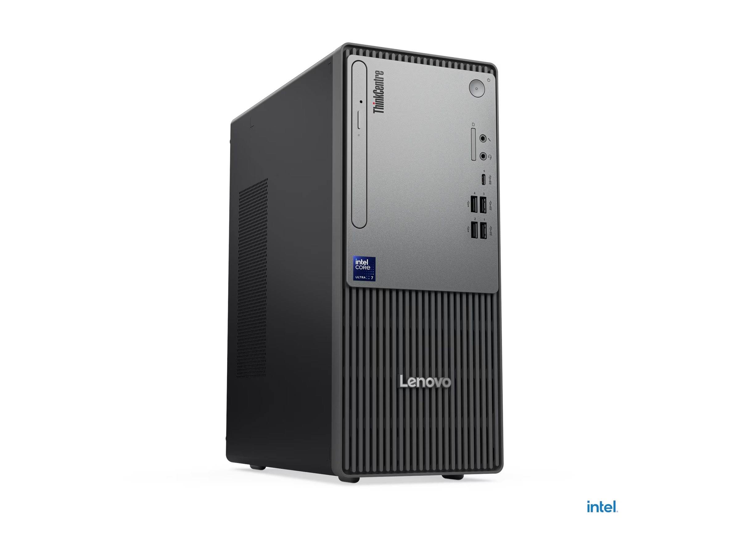 Lenovo ThinkCentre Desktop-Computerturm mit Intel-Branding auf weißem Hintergrund.