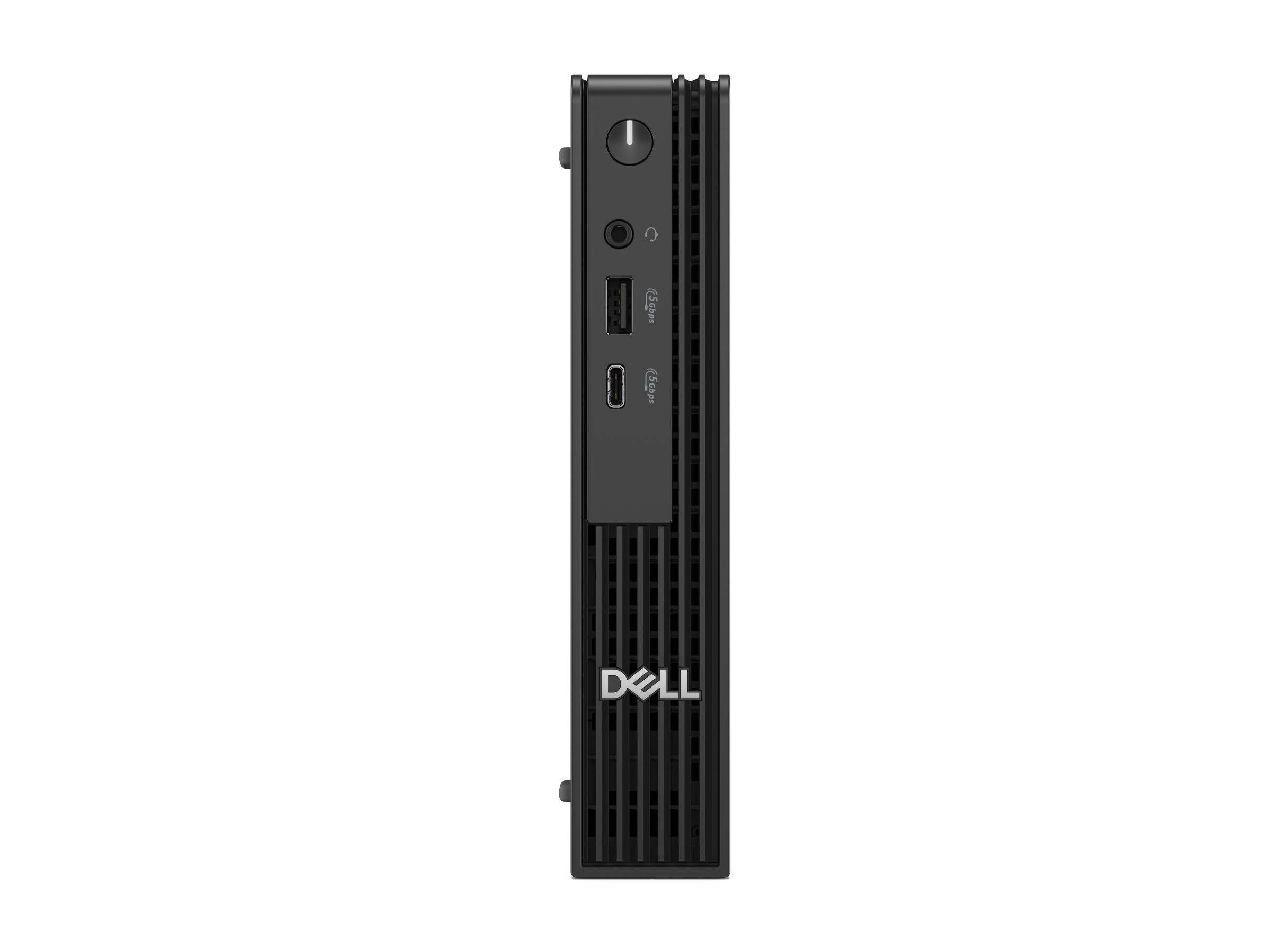 Vorderansicht eines schlanken Dell-Mini-Desktop-Computers mit Stromschalter, Audiobuchse, USB-Anschlüssen und Dell-Logo auf einem schwarzen Gitter.