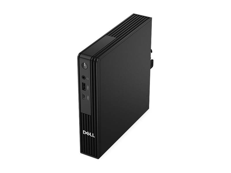 Schwarzer Dell Mini-Desktop-Computer-Tower in schräger Seitenansicht mit sichtbaren vorderen Anschlüssen und Ein-/Ausschalter.