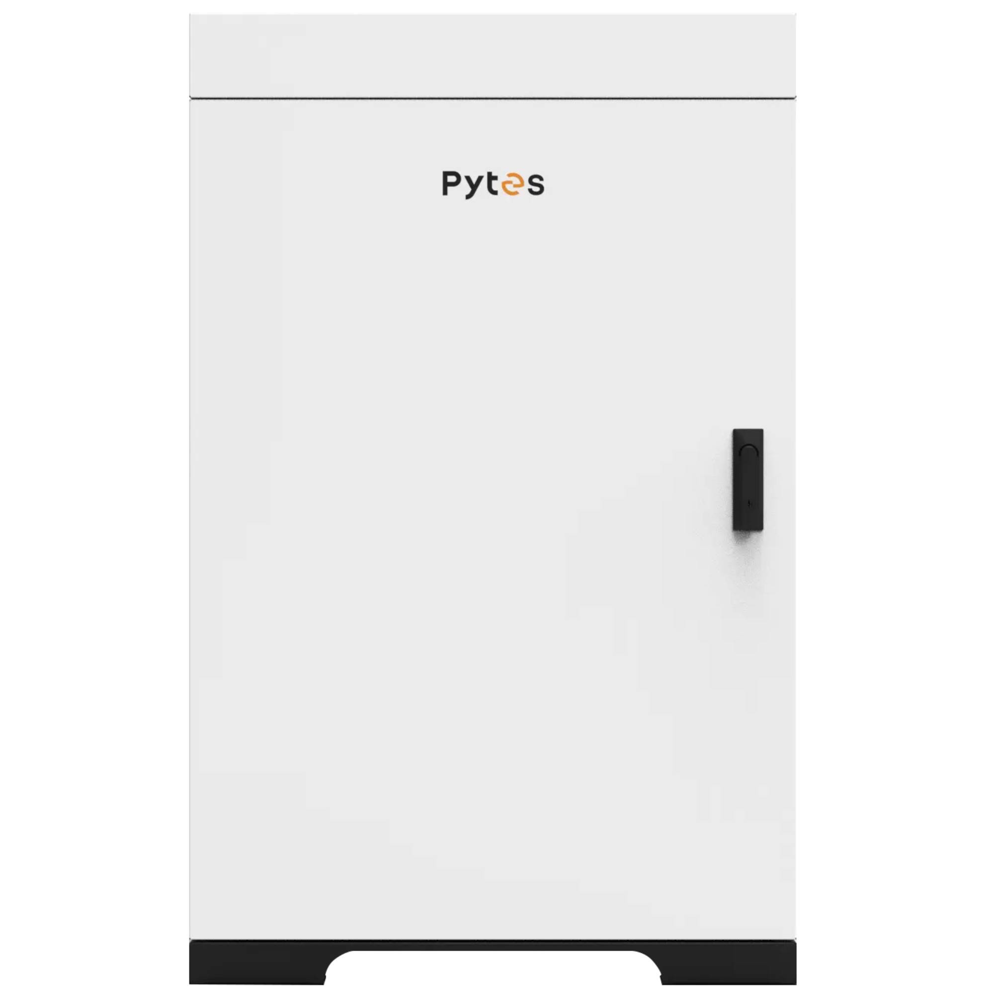 Weißes Pytes-Schrank oder Batteriegehäuse mit schwarzer Basis, oberer Verkleidung und einem kleinen schwarzen Seitengriff auf der rechten Seite