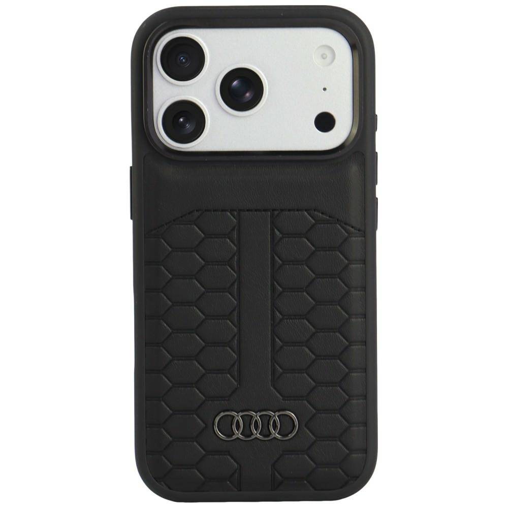 Schwarze Handyhülle mit Wabenmuster und Audi-Logo, dargestellt auf der Rückseite eines Smartphones mit dreifachen Kameraausschnitten.