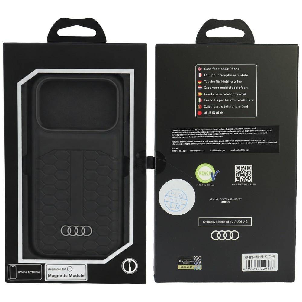 Audi-Brandmarke schwarze Handyhülle Verpackung von vorne und hinten gezeigt, mit Fensteranzeige für die Hülle, mehrsprachigen Kompatibilitätstext, QR-Code und Strichcode.