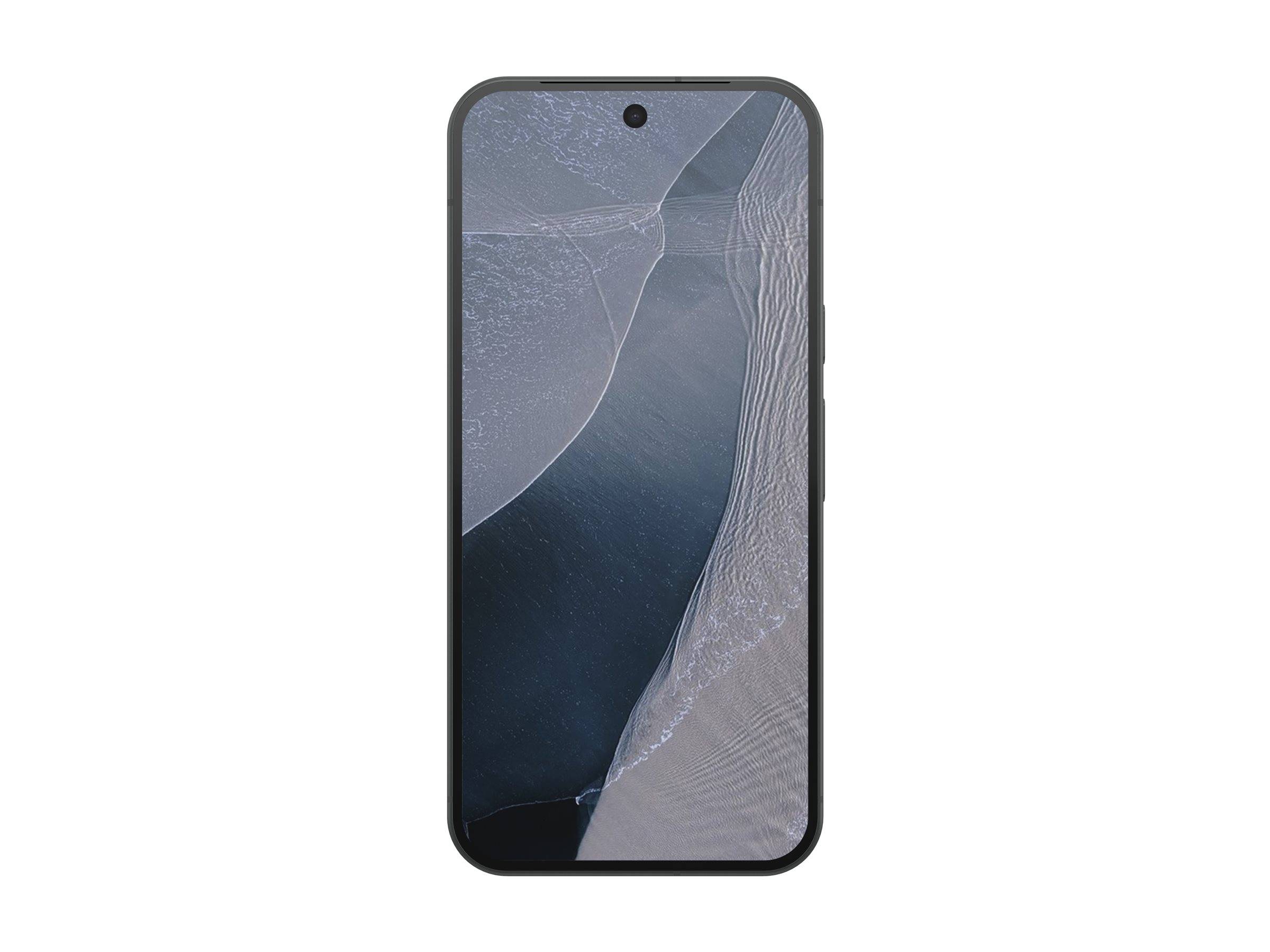 Vorderansicht eines schwarzen Smartphones mit einer zentrierten Loch-Kamera und abstraktem grauem Hintergrund auf dem Bildschirm.