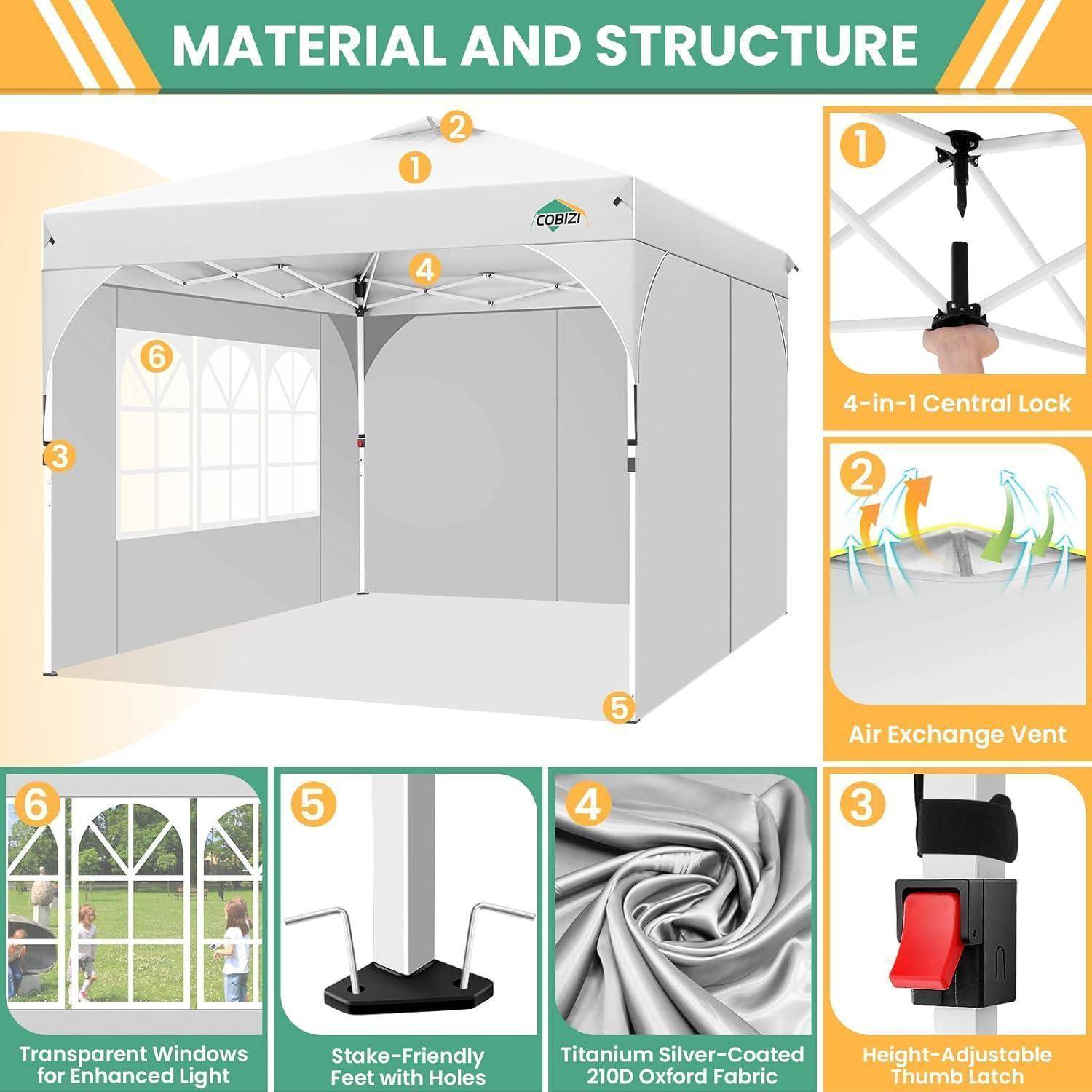 Infografik eines grauen Outdoor-Markisenzelt mit Material- und Strukturmerkmalen: 4-in-1-Zentralverschluss, Luftaustauschlüftung, transparente Fenster, pflockfreundliche Füße, silberbeschichtete Stoffoberfläche und höhenverstellbare Beine.