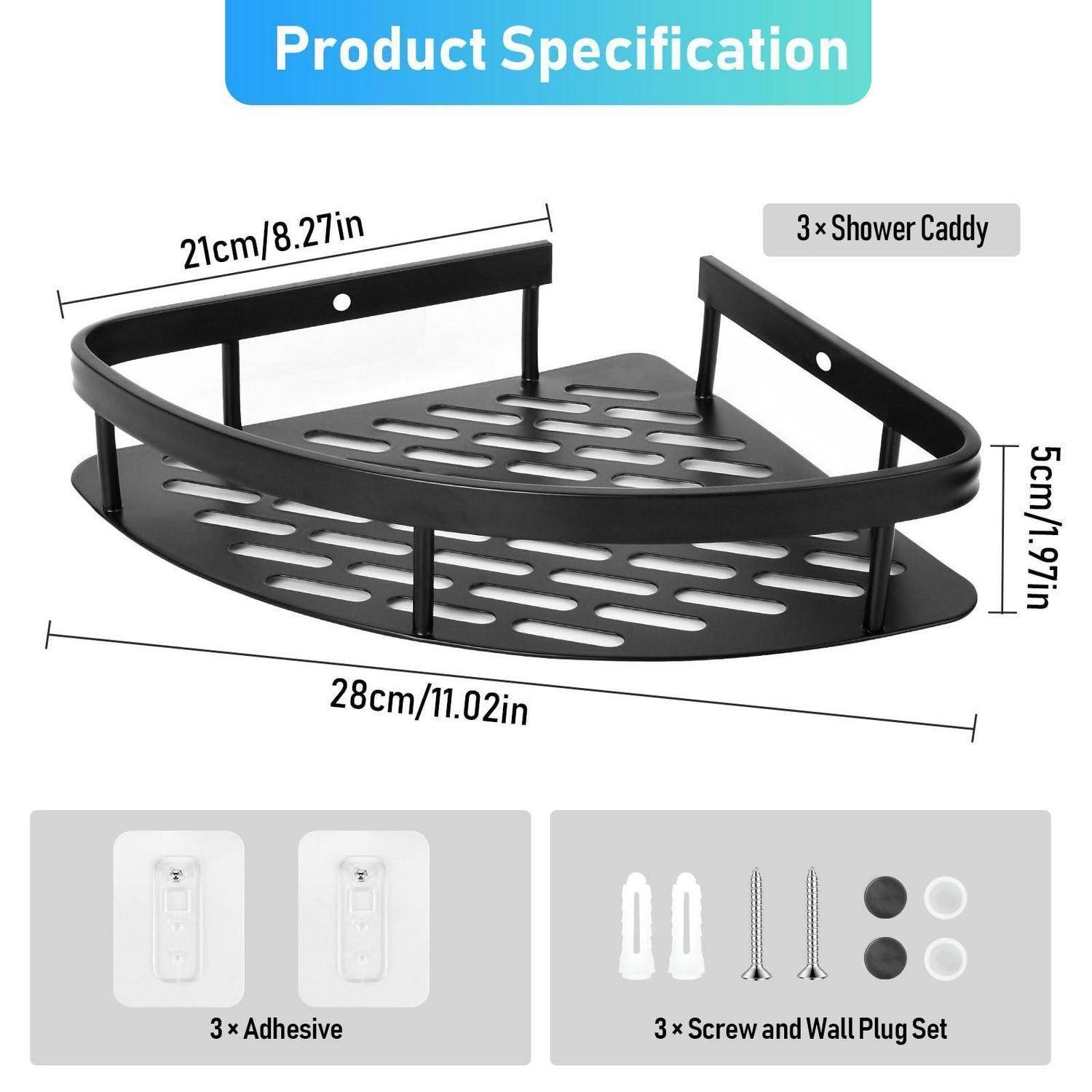 Produktspezifikationsdiagramm eines 3er-Pack-Eckduschablage: 28 cm breit, 21 cm tief, 5 cm hoch, mit 3 Klebstoffen und 3 Schrauben- und Dübelsätzen.
