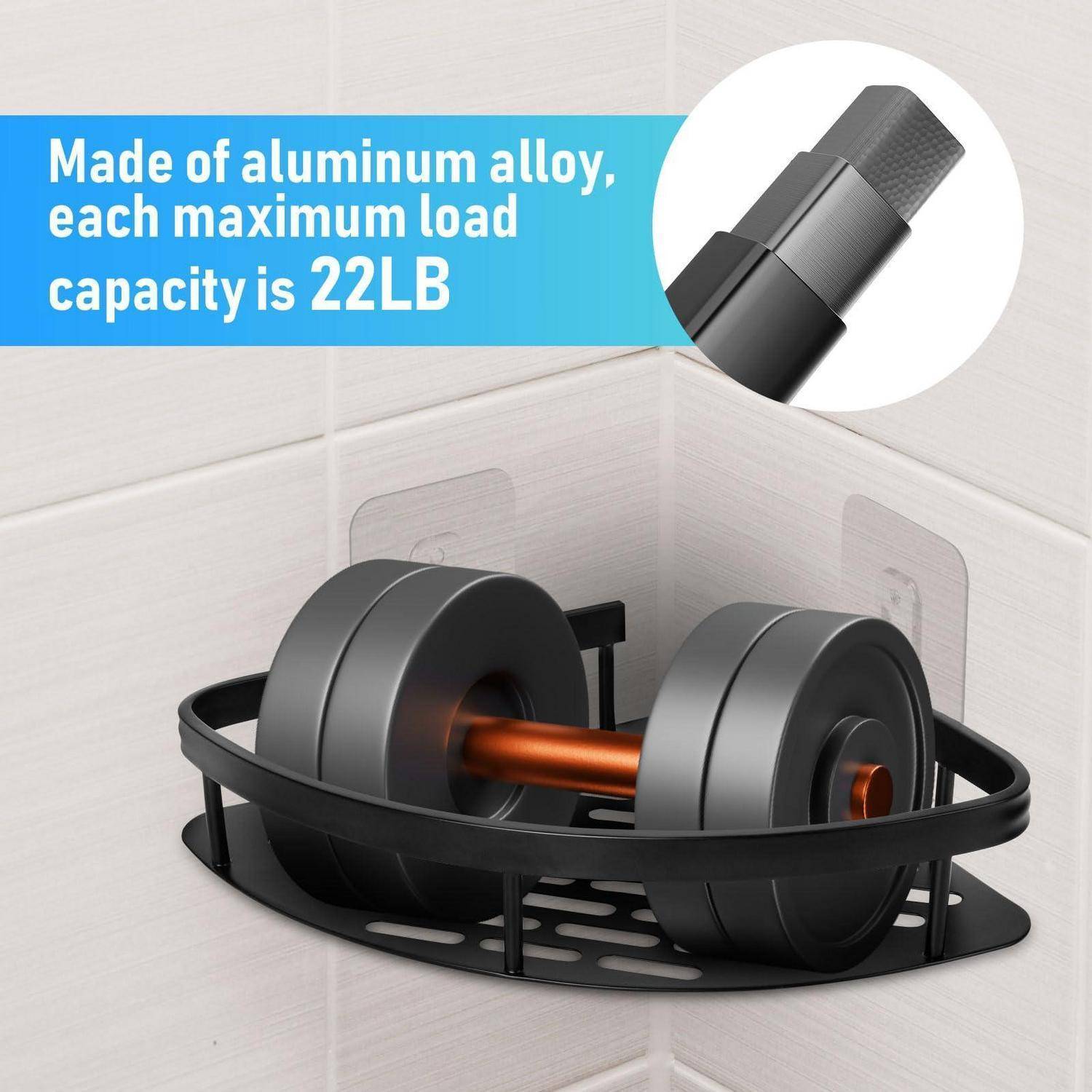 Eckduschen-Caddy für Hanteln; Text sagt „Aus Aluminium-Legierung, maximale Tragfähigkeit pro Stück beträgt 22 LB".