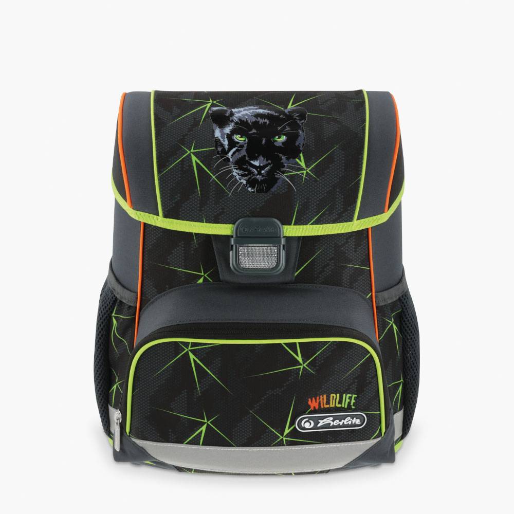Schwarzer Schulrucksack mit neongrünen und orangefarbenen Akzenten, mit einer Panthergrafik und dem Logo 