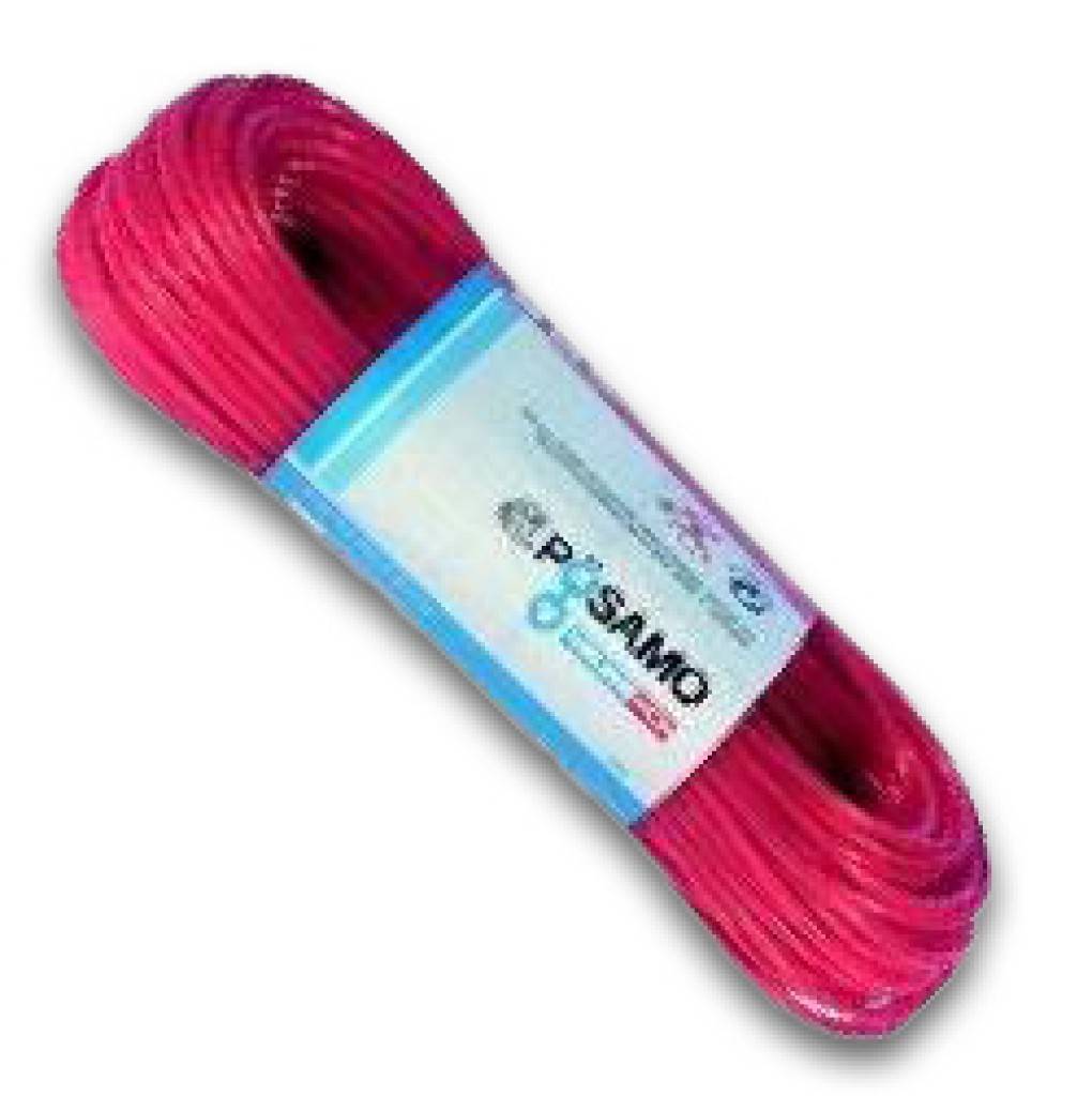 Rosa aufgerolltes Seil oder Schnur mit einem beschrifteten blau-weißen Papierband auf weißem Hintergrund.