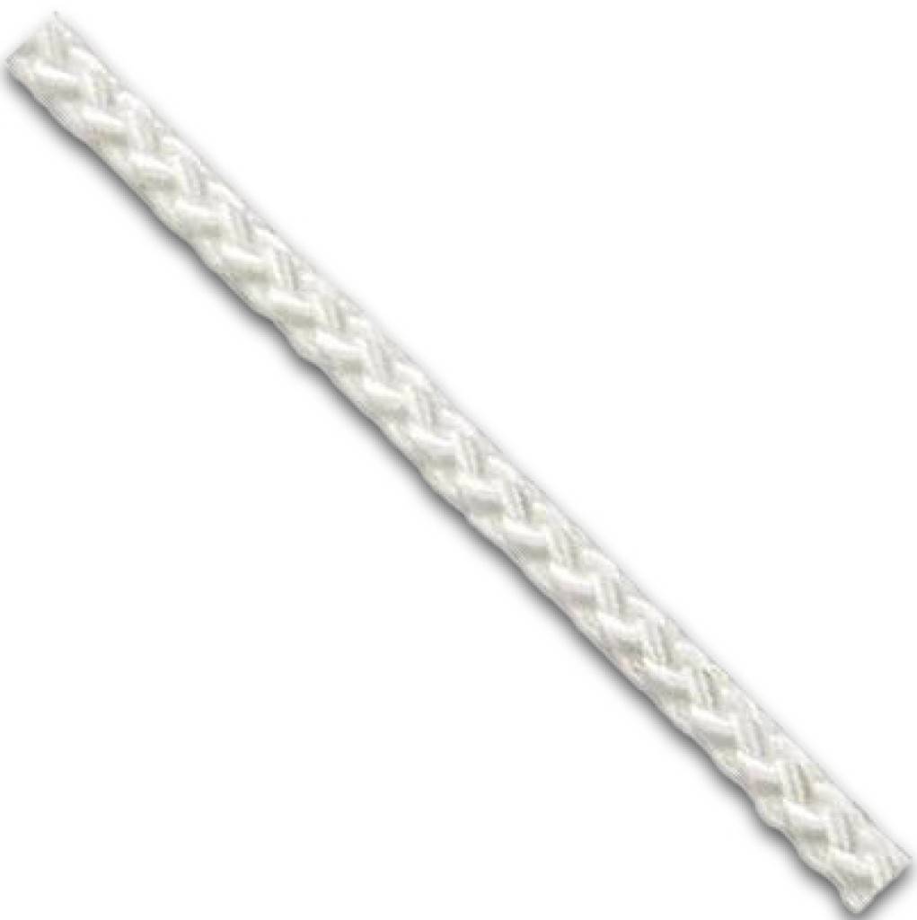 Nahaufnahme eines weißen geflochtenen Seils oder einer Kordel, die diagonal über einen einfachen Hintergrund verläuft.