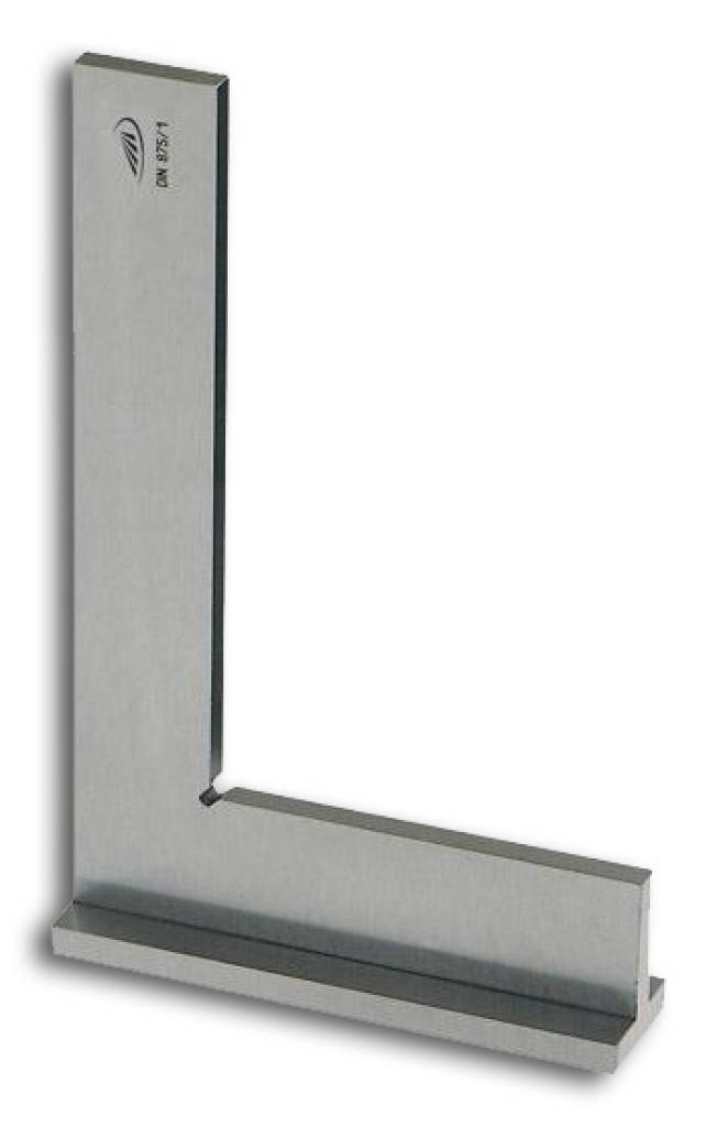 Metallisches L-förmiges Messwinkelmesser oder Stahlwinkel auf weißem Hintergrund.
