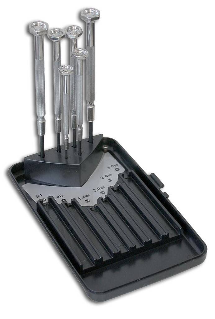 Uhrmacher-Schraubendreher-Satz, in Kunststoffkassette, 6-teiligAusführungKlinge aus Chrom-Vanadium-Stahl, Griffe aus Metall mit drehbarem