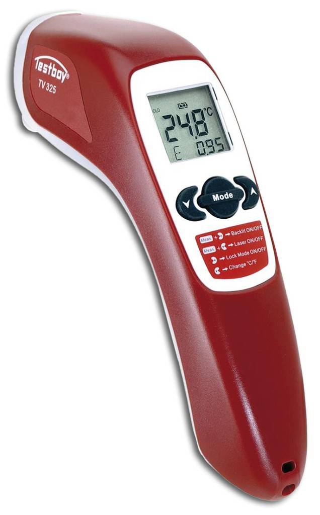Infrarot-Thermometer TV 325AusführungGehäuse aus ABS-Kunststoff, LED-Messstellen-Beleuchtung zusätzlich mit Laser, beleuchtetes LC-Display zum Able