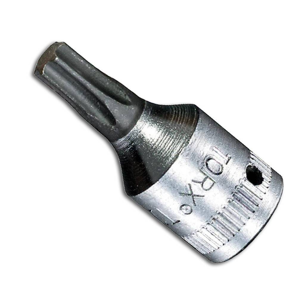 Nahaufnahme einer Torx-Schraubendreher-Bitansatzhülse mit silbernem Metallkörper und schwarzer Spitze auf weißem Hintergrund.