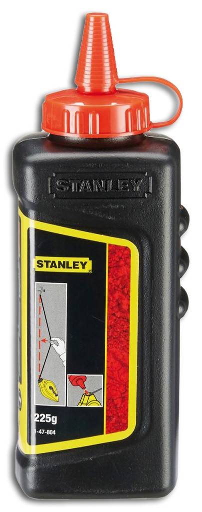 Stanley schwarze Kunststoff-Ölflasche mit orangefarbener Kappe und Griff, mit Etikett 225g, Vorderansicht dargestellt.
