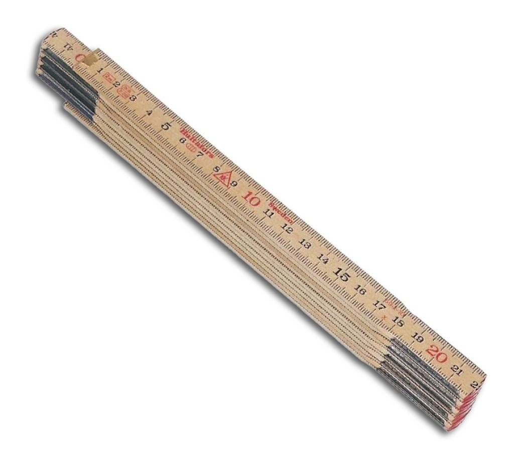 Hölzerner Zollstab, diagonal auseinandergefaltet, mit Inch-Markierungen und Nummern 1 bis 20 versehen.