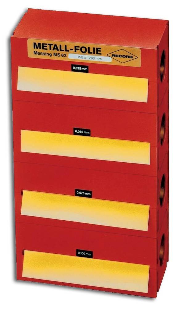 Metallfolien-Sortiment, MessingAusführung Bestehend aus 4 Einzelboxen mit je 1 Box Folienband 150 x 1200 mm Folienstärken 0,025 mm, 0,050 mm,