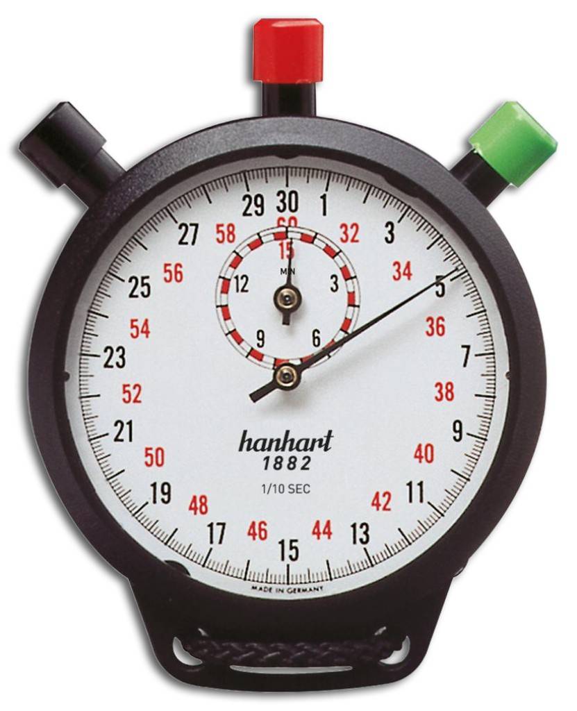 Tragbare analoge Stoppuhr mit drei farbigen Tasten, beschriftet mit „hanhart 1882