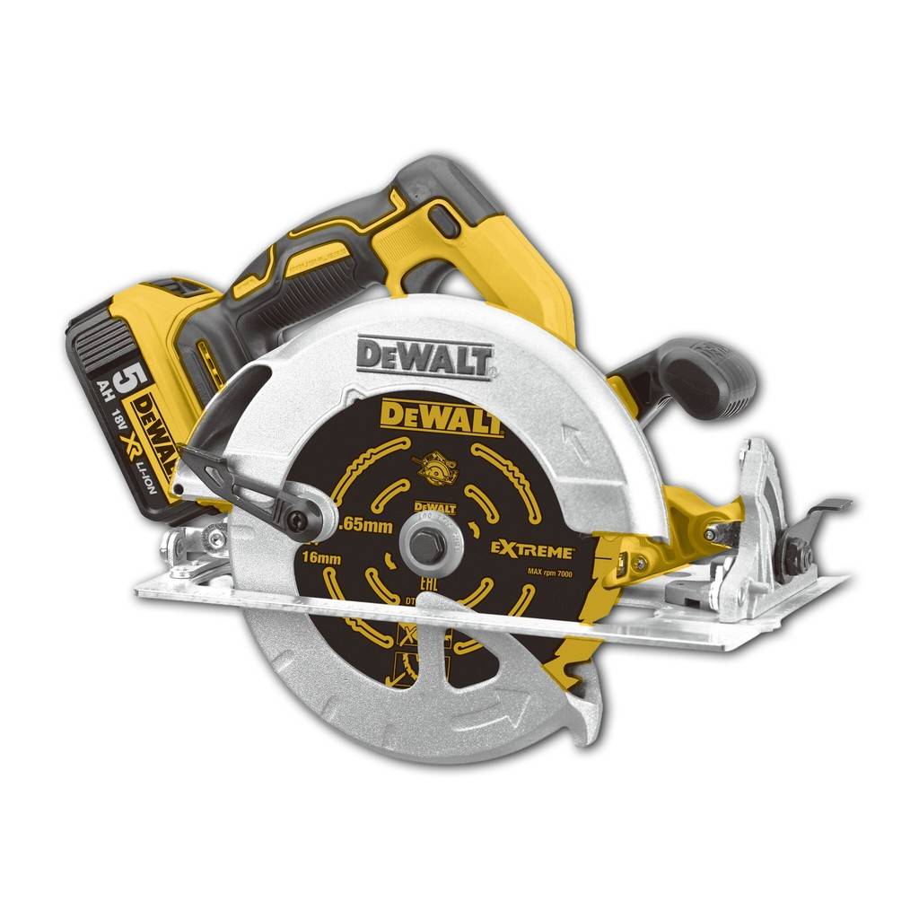 DeWalt Akku-Kreissäge mit gelb-schwarzem Griff, silberner Schutzvorrichtung und 165-mm-Sägeblatt auf weißem Hintergrund abgebildet.