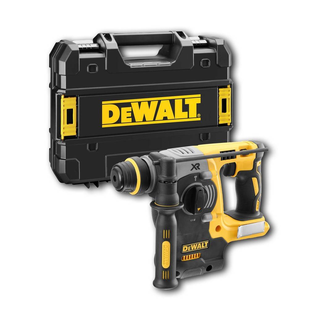 DEWALT Akkurotationshammer mit Seitengriff, abgebildet vor einer passenden schwarzen Transporttasche mit gelbem DEWALT-Logo.