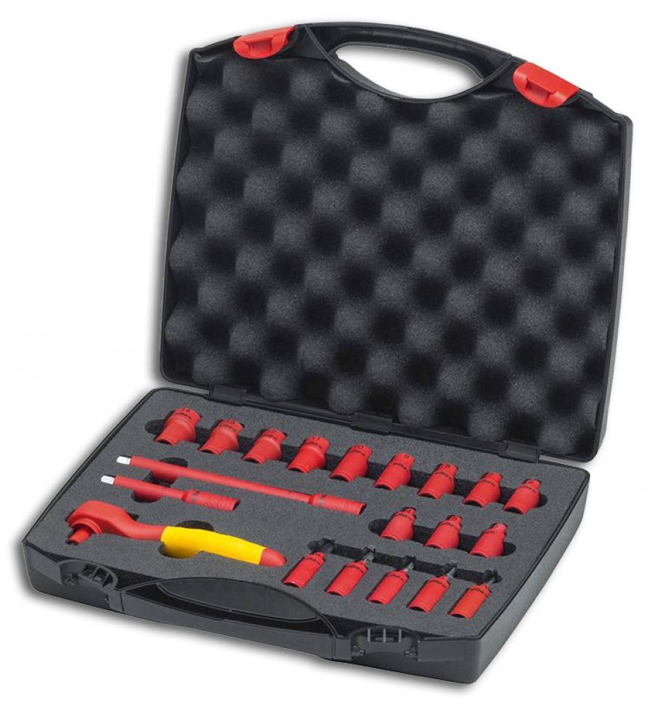 VDE-Sechskant-Steckschlüssel-Garnitur 1/4", 20-teiligAusführung Isoliertes Werkzeug-Set aus Chrom-Vanadium-Stahl. Der integrierte Umschalthebel erm