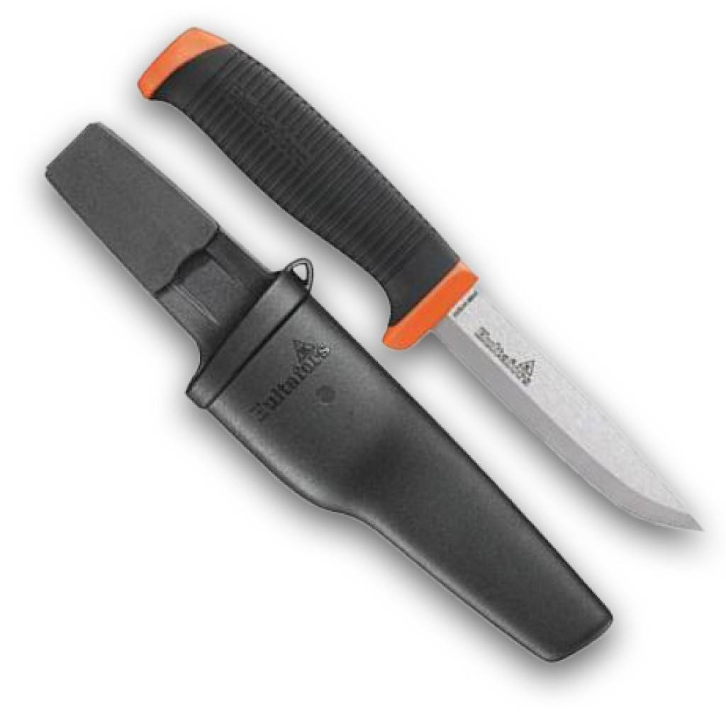 Handwerkermesser, Karbonstahl 5860 HRCAusführung Mit 2-Komponenten-Griff und an den Knöpfen der Berufskleidung zu befestigendem Holster.Hinweis Der