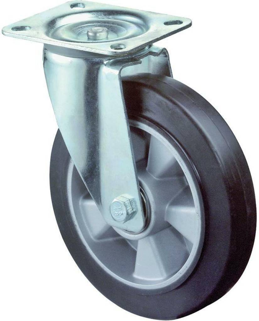 Schwenkrolle mit metallischer Montageplatte und schwarzem Gummireifen, verwendet zum Bewegen von Möbeln oder Ausrüstungen.