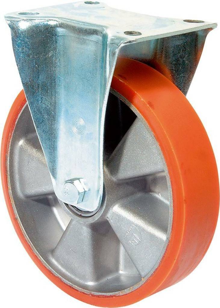 Bockrolle L410.B90Gabel aus Stahlblech, verzinkt-chromatiertLauffläche Guss-Polyurethan, 95 3 Shore ARadkörper AluminiumKugellager