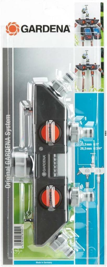 4-Wege-VerteilerFür den Betrieb mehrerer Anschlussgeräte4 stufenlos regulierbare AusgängeUmrüstbar auf GARDENA Profi-System mit Profi-System Hahns