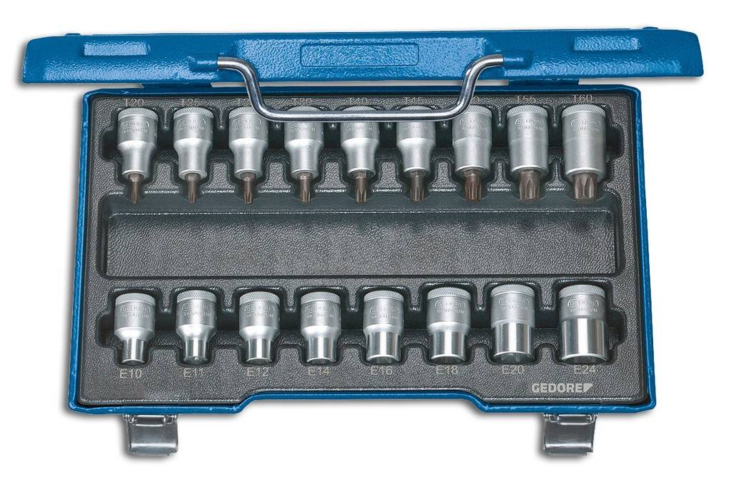Schraubendreher-Einsatz-Garnitur 1/2" für Innen- und Außen-TORX-Schrauben, 17-teiligAusführung Aus GEDORE Vanadium Stahl 31CrV3, geschliffen und ve