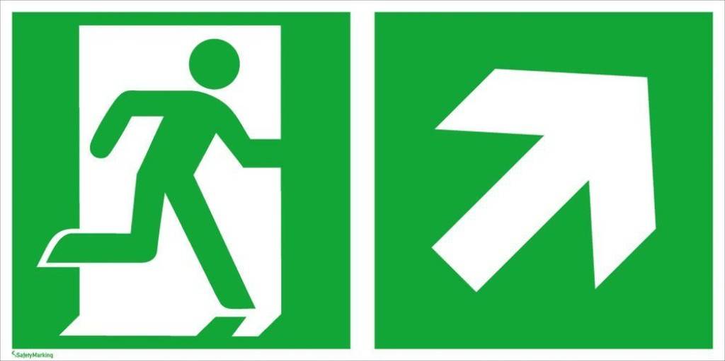 Notausgangsschild mit einer laufenden Figur und einem nach rechts zeigenden Pfeil, der die Evakuierungsroute nach rechts anzeigt.
