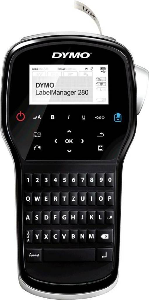 Beschriftungsgerät LM 280AusführungHandgerät mit QWERTZ-Tastatur. Einfache Bedienung, automatischer Bandabschneider und -straffer. Großes, zweizei