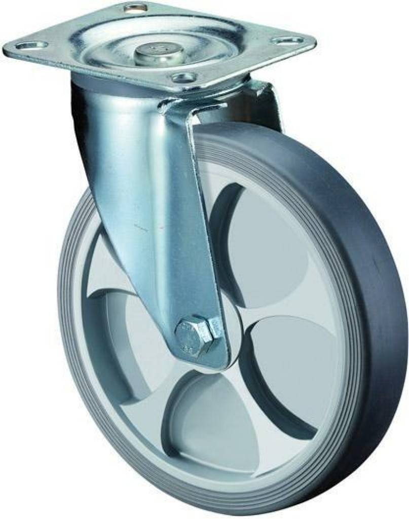 Lenkrolle mit Metallmontageplatte und grauem Gummireifen auf weißem Hintergrund.
