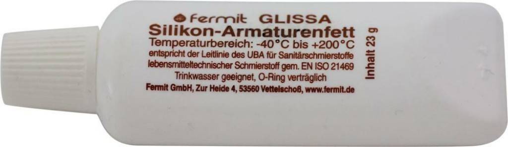 Glissa Silikon-ArmaturenfettMaterial Silikonfett, neutral, geruchslos, geschmacksfrei, physiologisch unbedenklichTemperaturbereich -40 C bis 200