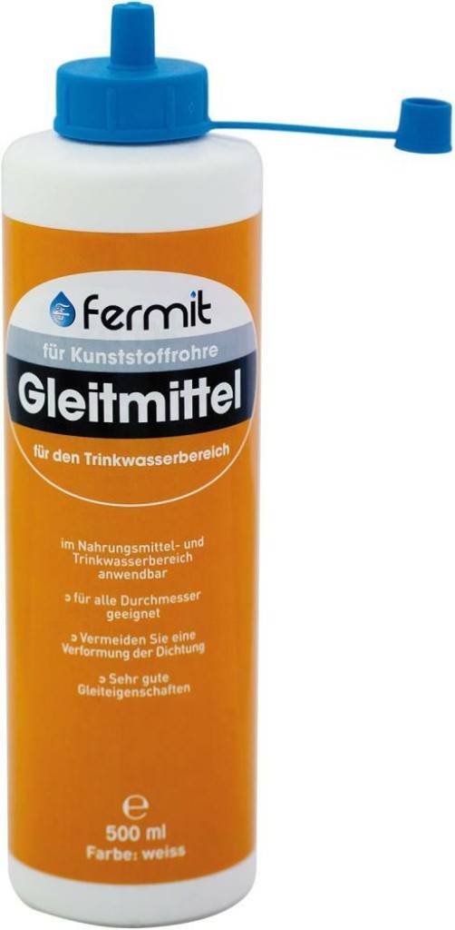 Gleitmittel FERMITFür Kunststoffrohre HT-Rohre, auf synthetischer Basis hergestellt, Farbe weißAnwendung im Sanitärbereich und im Tiefbau, für all