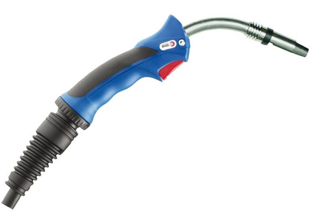 Blauer und schwarzer Kraftstoffpumpenauslöser mit flexiblem Schlauch auf weißem Hintergrund.