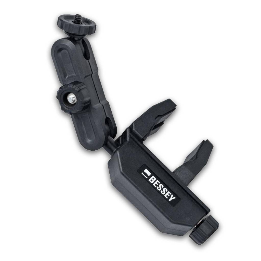 Halterung mit 1/4� Gewindeaufnahme zum Fixieren von Hilfsmitteln wie z.B. Laser, Kamera, BauleuchteWerkzeuglos einsetzbar an runden 0-45 mm sowie ec