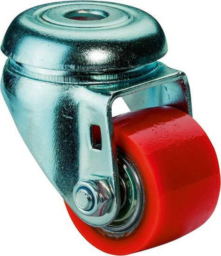 Kompakt-Lenkrolle PU A601Gabel aus StahlblechZweireihiger Kugelkranz im GabelkopfLauffläche Polyurethan, 90/3 Shore ARadkörper StahlKugellagerRück