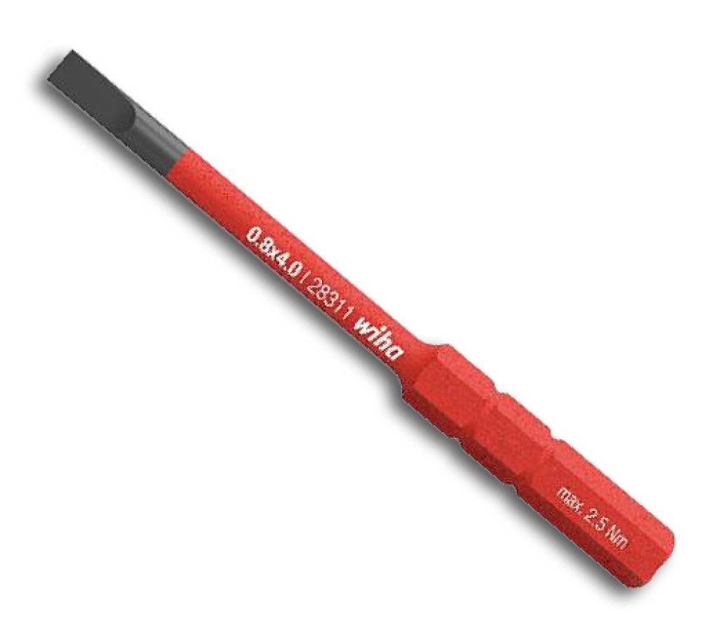 Roter Wiha Innensechskant-Bitschraubendreher mit schwarzer Spitze, beschriftet mit 0.8x4.0 und max 2.5 Nm, gezeigt auf weißem Hintergrund.