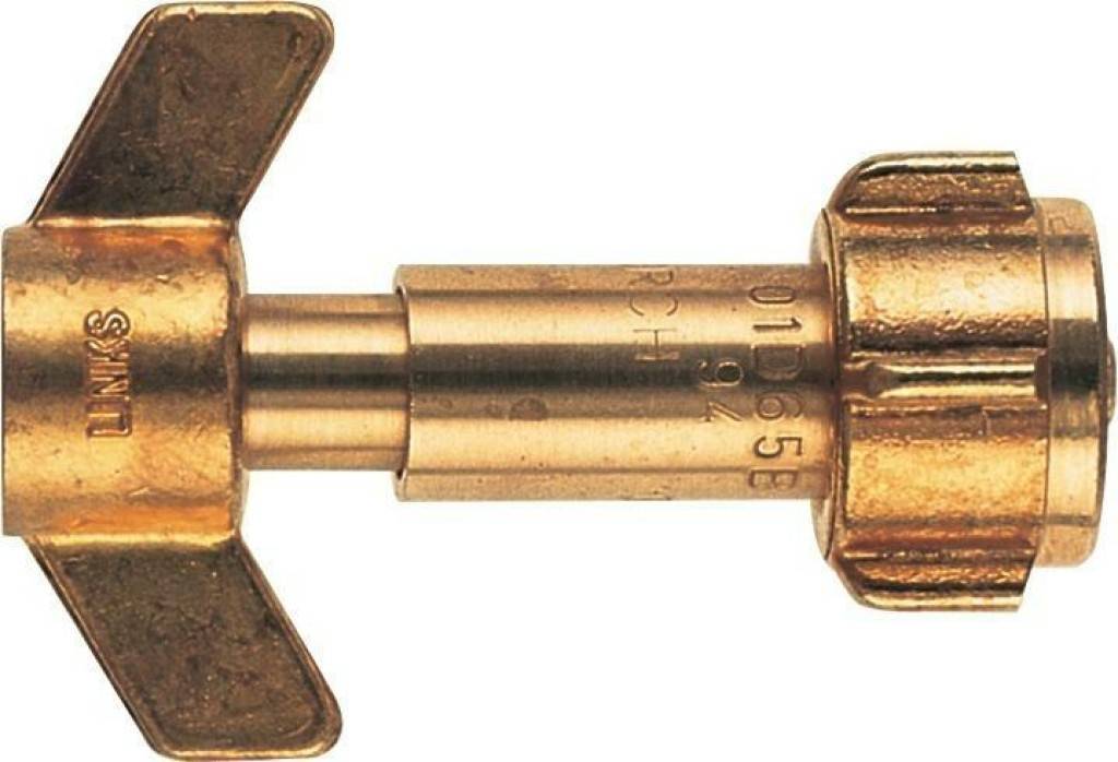 Propan-UmfüllstutzenAusführung Aus Vollmessing, Anschluss nach DIN 477, mit Zulassungszeichen 01 D 65 B, mit Führungsstift und Flügelmutter G 3/8"