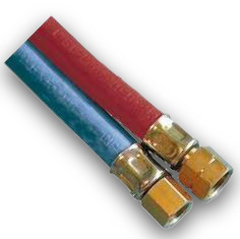 Autogengarnitur/-ZwillingsgarniturAcetylen- 9,0 x 3,5 mm und Sauerstoffschlauch 6,0 x 5,0 mm, beidseitig mit Tülle und Überwurfmutter G 1/4" R bzw
