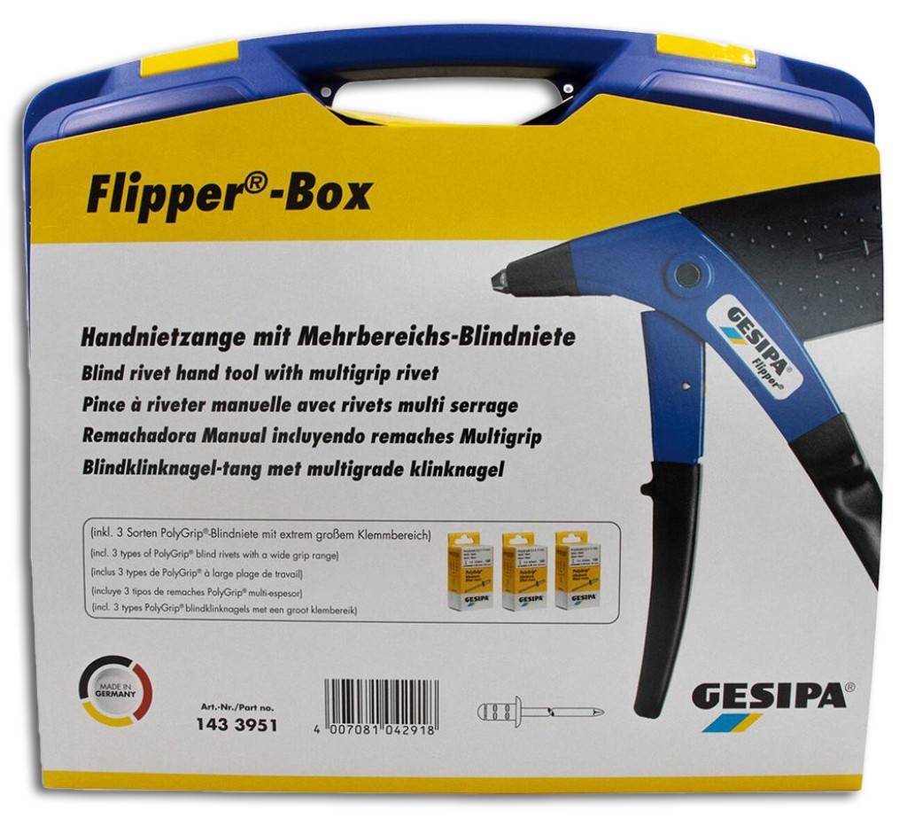 Flipper-BoxArbeitsbereich FlipperVerarbeitet alle Blindniete bis 5 mm Ø Alu und 4 mm Ø Stahl und Edelstahl.Technische Daten Gewicht ca. 0,9 kg