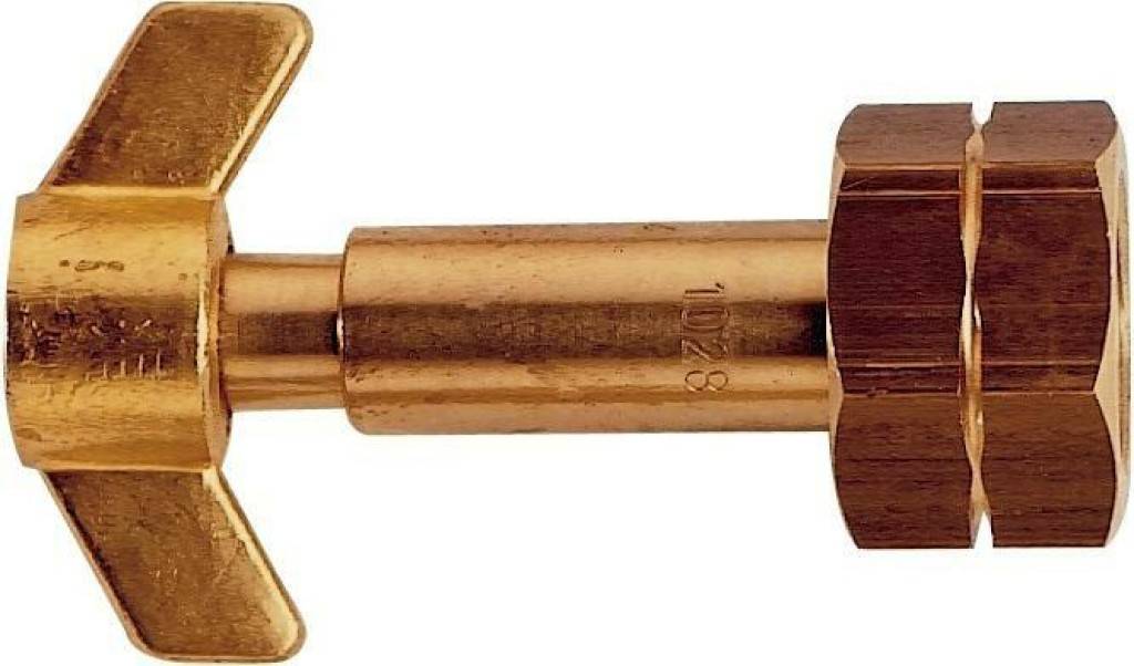Propan-UmfüllstutzenAusführung Aus Vollmessing, Anschluss nach DIN 477, mit Zulassungszeichen 01 D 65 B, mit Führungsstift und Flügelmutter G 3/8"