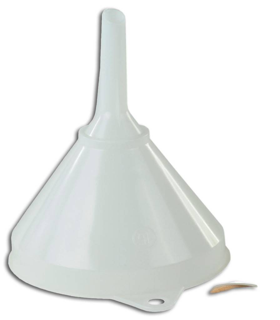 Trichter HD-PE, natur, mit SiebPolyethylen-Trichter HD-PE mit Überlaufrand und AufhängeöseSehr gute chemische Beständigkeit gegen Säuren, Laugen