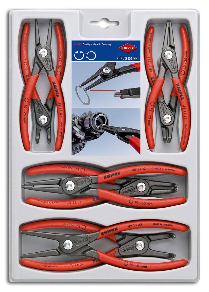 00 20 04 SB Präzisions-Sicherungsringzangen-SetAttraktive Verkaufsverpackung mit SB-Lochung. Bestückt mit gängigen Präzisions-Sicherungsringzangen