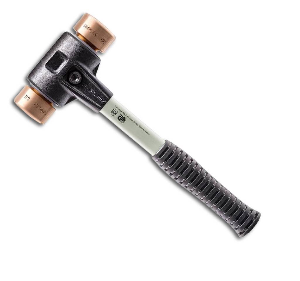Schonhammer mit Schlagköpfen aus KupferAusführung Zweiteiliges Gehäuse aus Temperguss, mit Schlagköpfen aus Metall und mit griffigem Fiberglasstie