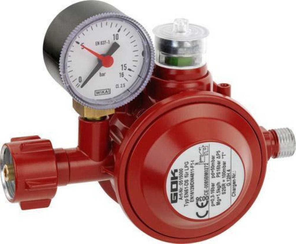 Niederdruckregler Typ EN61-DS PS 16 barzum Anschluss an Gasflaschen, zur Druckregelung auf den Nenndruck des Gasgerätes.Anwendungsbeispiel Einflas