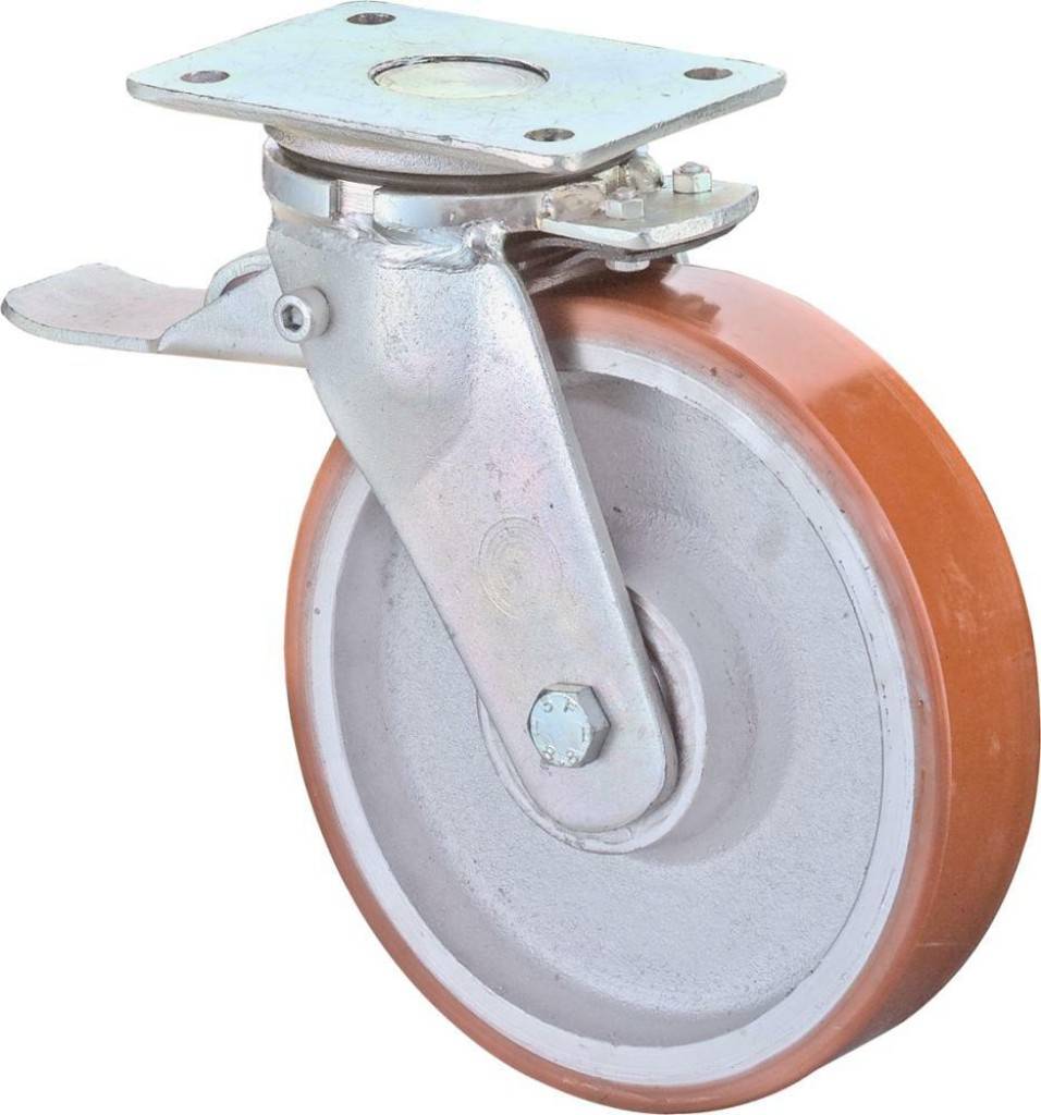 Schwerlast-Lenkrolle mit Totalfeststeller RR120.C10 Kugellager im Gabelkopf und im Rad Material Gehäuse Stahlschweißkonstruktion, verzinkt